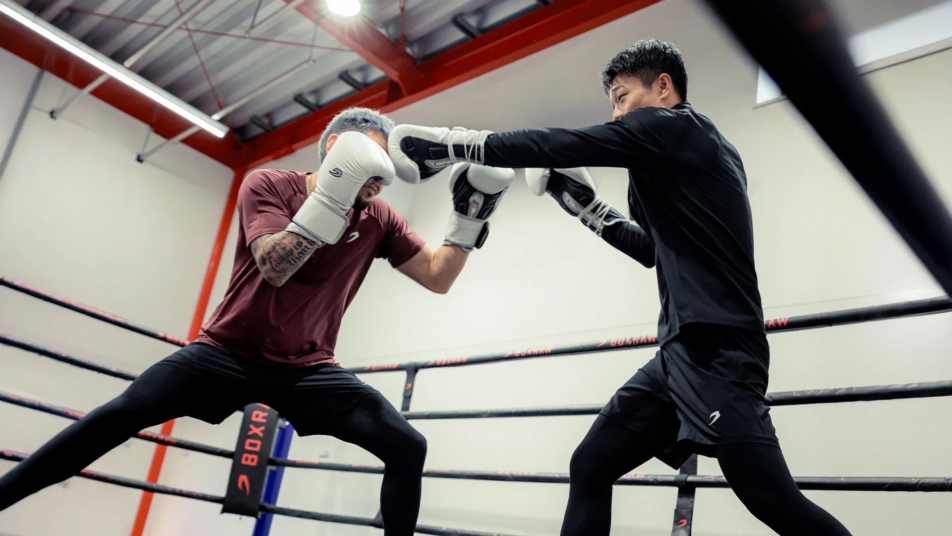 Two boxers exchanging punches in a ring with red ropes